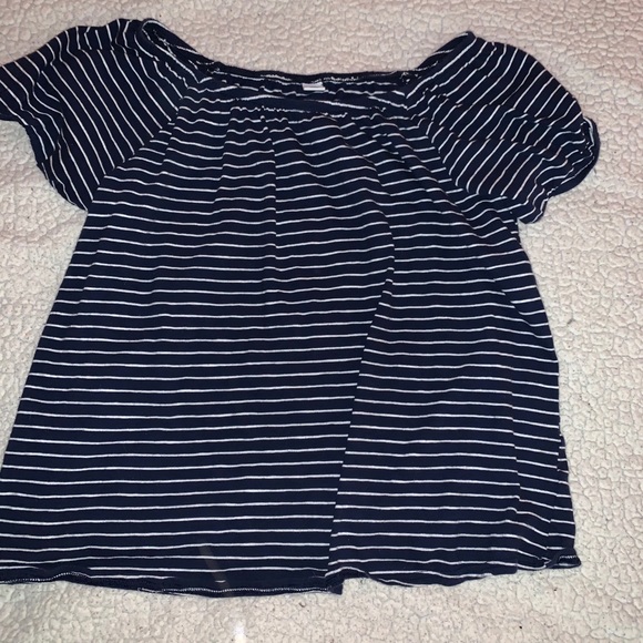 Tops - blue and white striped off the shoulder tee